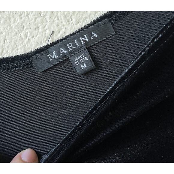 Marina Black Velvet A-Line Dress Sz M Mesh Pearl Beaded Sleeves Elegant Formal - Picture 5 of 10